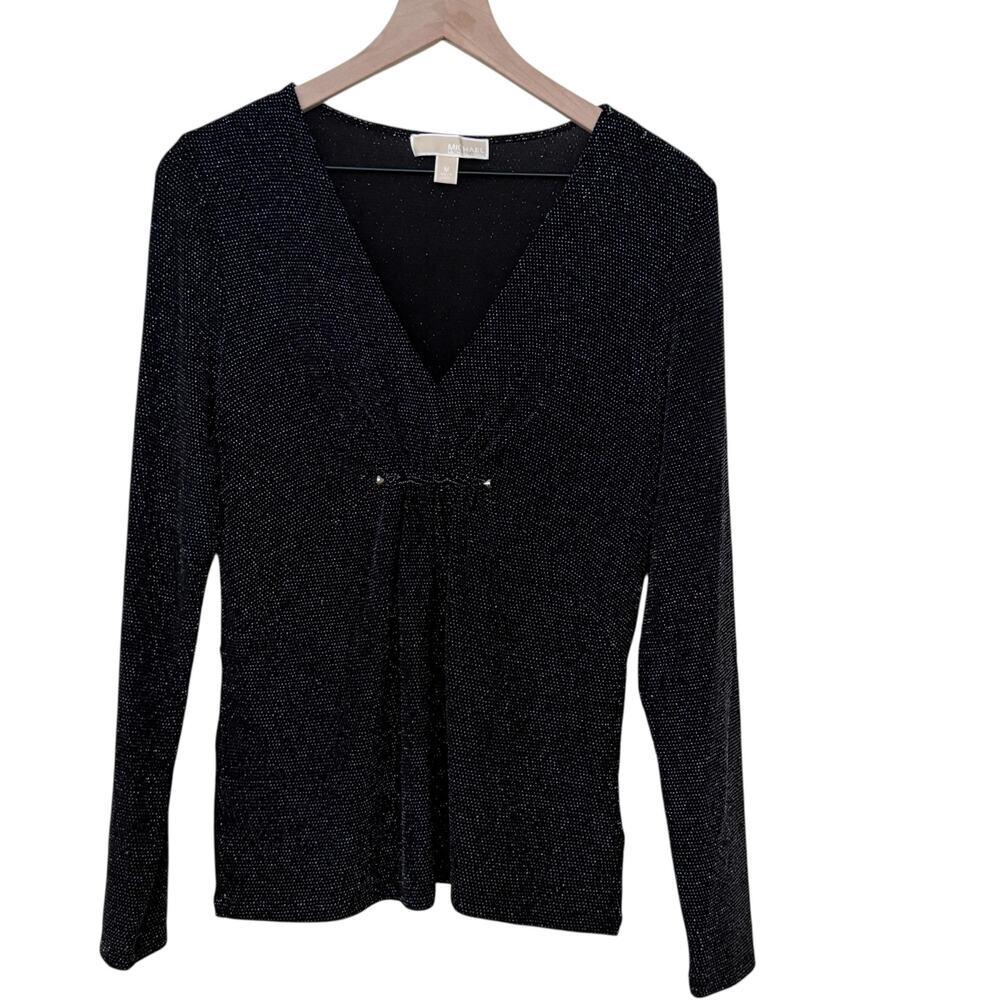 MICHAEL Michael Kors Womans Size M Black Silver Sparkle Long Sleeve Ruched Top